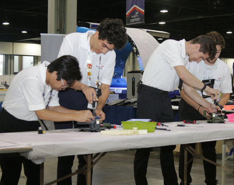 SME and Stratasys' cosponsored 2023 Additive Manufacturing Competition at the 59th annual SkillsUSA National Leadership and Skills Conference challenged students to design and print parts to build an assembly that attached to a fixture with a rotating mount point to grab and hold three progressively more difficult objects. (Photo: Business Wire)