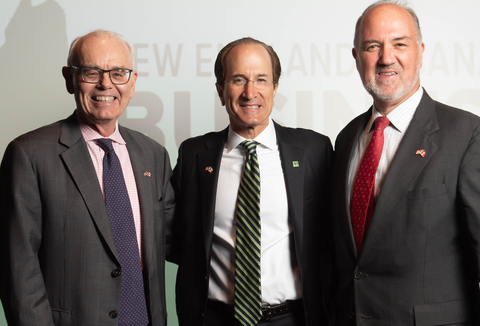 The New England-Canada Business Council has elected retired Pierce Atwood attorney JOHN W. GULLIVER (left) as its 2023-25 President and TD Bank Market President MARSHALL SUGARMAN (center) as First Vice President and 2025-27 president-designee. Gulliver succeeds PETER J. HOWE (right), senior VP at the Boston communications consulting firm Denterlein, who served as NECBC president for the 2021-23 term and will continue as a member of NECBC's Board of Directors. (PHOTO: Peter Julian, PeterJulianPhoto.com)
