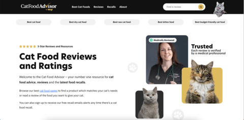 The homepage of catfoodadvisor.com. Cat Food Advisor launched July 6, 2023 and offers education and unbiased, science-backed reviews of cat food. (Graphic: Business Wire)