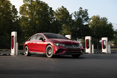 Mercedes-Benz EQS AMG Sedan and Tesla Superchargers. (Photo: Business Wire)