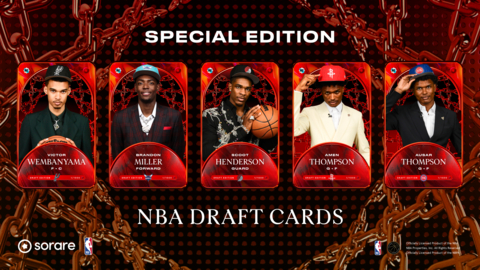 Sorare NBA Special Edition Cards featuring top 5 draft picks: Victor Wembanyama (San Antonio Spurs), Brandon Miller (Charlotte Hornets), Scoot Henderson (Portland Trail Blazers), Amen Thompson (Houston Rockets), and Ausar Thompson (Detroit Pistons). (Image courtesy of Sorare)