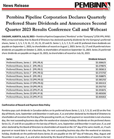 Pembina Pipeline Corporation Declares Quarterly Preferred Share Dividends and Announces Second Quarter 2023 Results Conference Call and Webcast