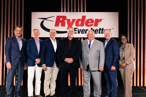 Ryder honors the top professional truck drivers of the year during an awards ceremony in Orlando, Fla. From left to right: Bob Fatovic, Ryder chief legal officer; Steve W. Martin, Ryder senior vice president of dedicated transportation solutions; Robert Sanchez, Ryder chairman and CEO; Lance Simmons, Ryder "Driver of the Year" for dedicated transportation solutions; Greg Cassell, Ryder "Driver of the Year" for supply chain solutions; Steve Sensing, Ryder president of supply chain solutions; and Mauryo Jones, Ryder VP of safety, health, and security. (Photo: Business Wire)