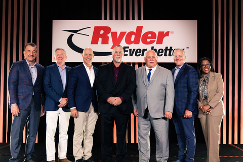 original Ryder honors the top professional truck drivers of the year during an awards ceremony in Orlando, Fla. From left to right: Bob Fatovic, Ryder chief legal officer; Steve W. Martin, Ryder senior vice president of dedicated transportation solutions; Robert Sanchez, Ryder chairman and CEO; Lance Simmons, Ryder "Driver of the Year" for dedicated transportation solutions; Greg Cassell, Ryder "Driver of the Year" for supply chain solutions; Steve Sensing, Ryder president of supply chain solutions; and Mauryo Jones, Ryder VP of safety, health, and security. (Photo: Business Wire)