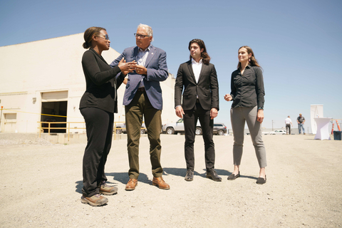 Washington Governor Jay Inslee (second from left) speaks at the groundbreaking in Moses Lake today with Twelve co-founders (L-R) Etosha Cave, Chief Science Officer; Nicholas Flanders, Chief Executive Officer; and Kendra Kuhl, Chief Technology Officer. (Photo: Business Wire)