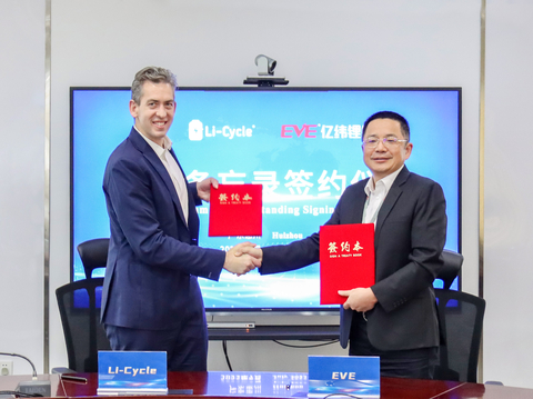 Tim Johnston, Li-Cycle co-founder and Executive Chair, and Jianhua Liu, EVE Energy co-founder and CEO, at the signing ceremony for a memorandum of understanding to collaborate and explore lithium-ion battery recycling solutions for EVE battery materials. (Photo: Business Wire)