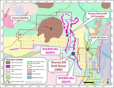 Figure 1. Geology map of Québec Nickel's Ducros property (red outline) showing the individual mining claims that comprise the Ducros property land package, along with the locations of the Ni-Co-Cu-PGE target areas. The regional geology is sourced from the Government of Québec's online SIGEOM database. (Graphic: Business Wire)
