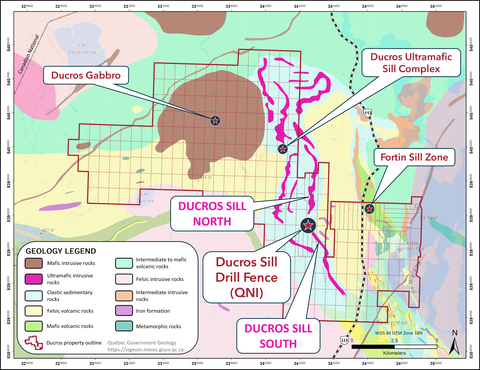 original Figure 1. Geology map of Québec Nickel’s Ducros property (red outline) showing the individual mining claims that comprise the Ducros property land package, along with the locations of the Ni-Co-Cu-PGE target areas. The regional geology is sourced from the Government of Québec’s online SIGEOM database. (Graphic: Business Wire)