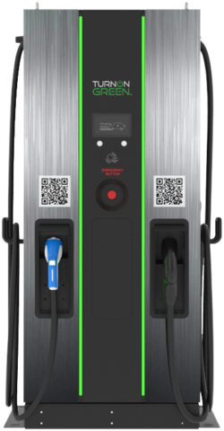TurnOnGreen's FSP1200 / 120 kW EV Charging Station 7” LCD Screen Dynamic LED Light Status Indicators CCS, CHAdeMO and GB/T RFID Card Capable/QR Code Capable Credit Card Reader Optional Optional cable management accessories Support smart charging and load balancing Efficiency > <percent>94%</percent>；PF > 0.99(APFC) User-friendly On-Screen Interface OCPP 1.6 JSON IK10(Not including screen and RFID module), IP55 Multiple Authentication Methods – Web, RFID, or TurnOnGreen App Photo property of TurnOnGreen Technologies All rights reserved @2023