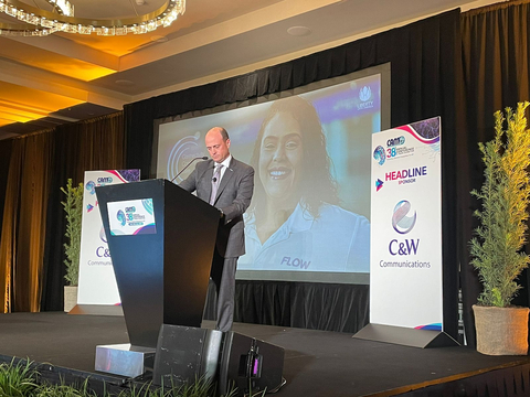 John Winter, Chief Legal Officer and Senior Vice President for Liberty Latin America, parent company of CWC, delivers Keynote address on "Connectivity, Commitment and Care - The Future of Telecoms" on Day 2 of CANTO 2023 in Miami, FL. (Photo: Business Wire)