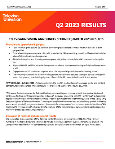 TelevisaUnivision Q2 2023 Results