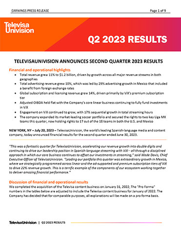 original TelevisaUnivision Q2 2023 Results