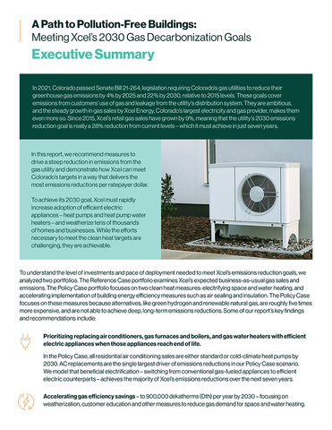 In the new report – A Path to Pollution-Free Buildings: Meeting Xcel’s 2030 Gas Decarbonization Goals – experts from WRA, NRDC and SWEEP outline how to drive a steep reduction in emissions from the gas utility and demonstrate how Xcel can cost-effectively meet Colorado’s targets. (Graphic: Business Wire)