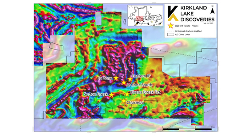 Plan map of drill targets for Phase 1 of the diamond drill program on the first vertical derivative airborne magnetics at the Goodfish-Kirana Property. (Photo: Business Wire)