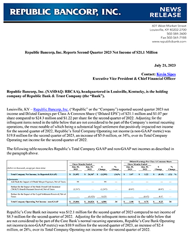 Republic Bancorp, Inc. Reports Second Quarter 2023 Net Income of $21.1 Million