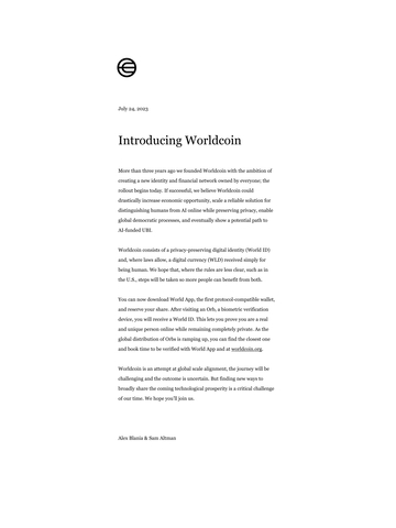 thumbnail Worldcoin launch letter from project co-founders Alex Blania and Sam Altman.