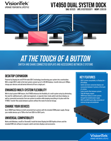 VT4950 Triple 4K Display Dual System KVM Docking Station