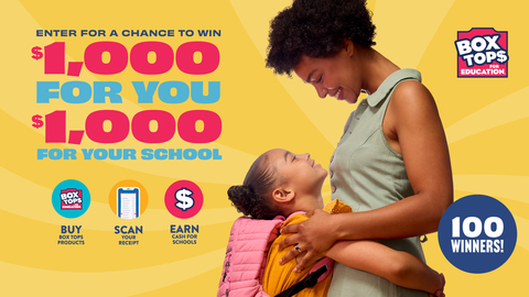 Box Tops for Education is giving 100 participants a chance to win <money>$1,000</money> for themselves and <money>$1,000</money> in Box Tops for the Box Tops-enrolled school of their choice just by continuing to shop for their favorite Box Tops participating products including General Mills products and scanning their receipt in the Box Tops app. (Photo: Business Wire)