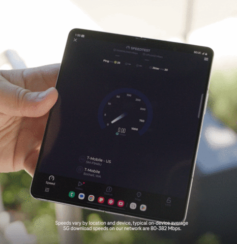 original Mira lo rápidos que son el nuevo Samsung Galaxy Z Fold5 con las capacidades de cuádruple agregación en la red 5G SA de T Mobile (Photo: Business Wire)