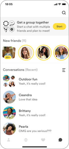 An easier way to plan group outings is exclusively available in the Bumble For Friends app. Rolling out today, it’s easy to get a group together to make a plan to meet IRL. Any member can create a plan for a group meetup with at least two of their connections from the conversations tab. (Graphic: Business Wire)