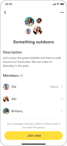 When planning a group activity in the Bumble For Friends app any invited members receive an invite in their chat that is titled the name of the planned activity, which can be edited. Anyone who accepts the invite can join the group chat and start discussing any of the meeting details. (Graphic: Business Wire)
