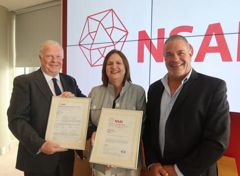 John O'Dea, Caroline O'Dea from Palliare being presented with EVA15 Certification certificates by Kevin Mullaney, Director of Certification, NSAI (Photo: Business Wire)