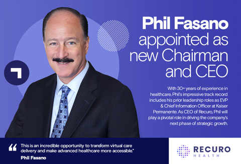 Recuro Health announces Phil Fasano as new Chairman and CEO! With 30+ years of experience, Phil brings an impressive record including prior roles as EVP & CIO at Kaiser Permanente. As CEO of Recuro, Phil will drive the company's next phase of strategic growth. Welcome! (Graphic: Recuro Health)