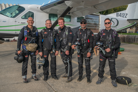 The Alpha 5 Team. From left to right: CMSgt. (Ret) Chris Lais - Jumper, Medic; MSgt. (Ret) Jimmy Petrolia - Jumper, Advanced Free Fall Instructor; Larry Connor - Team Captain; MSgt. Rob Dieguez - Jump Master, Advanced Free Fall Instructor; CMSgt. Brandon Daugherty - Jumper, Alpha 5 Lead. (Photo: Business Wire)