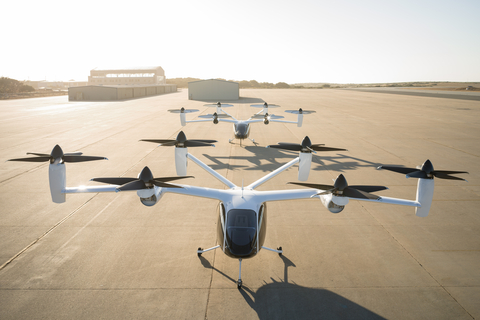 Joby’s production prototype eVTOL aircraft at the company’s pilot manufacturing facility in Marina, California, with the company’s pre-production prototype behind it. (Photo credit: Joby Aviation)