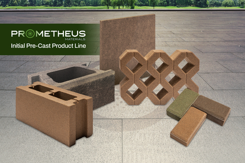 Prometheus Materials' initial pre-cast bio-concrete product line: masonry units, segmented modular block, paving stones, grass pavers and acoustic panels (Photo: Business Wire)