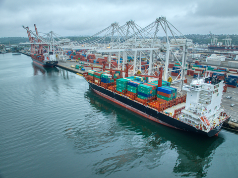original Swire Shipping has appointed SSA Terminals as its container terminal operator at the Ports of Seattle, Long Beach and Oakland. Two vessels in view at the Port of Seattle this summer. (Photo: Business Wire)