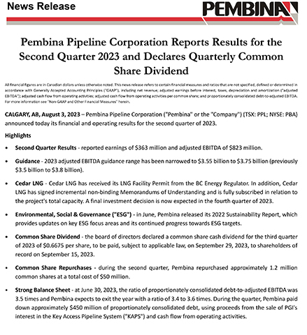 Pembina Pipeline Corporation Reports Results for the Second Quarter 2023 and Declares Quarterly Common Share Dividend