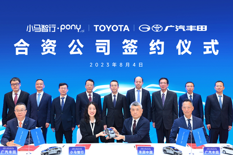 Executives from Pony.ai, Toyota Motor (China) Investment Co., Ltd. (TMCI) and GAC Toyota Motor Co., Ltd. (GTMC) held a joint venture signing ceremony on August 4, 2023. (Photo: Business Wire)