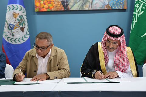 (from left to right): Prime Minister of Belize, Hon. John Briceño, and The Saudi Fund for Development (SFD) Chief Executive Officer, H.E. Sultan Al-Marshad (Photo: AETOSWire)