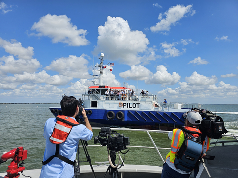 A view from the boat carrying media as news crews cover Transportation Sec. Buttigieg and select guests tour the Houston Ship Channel and see first-hand its impactful investment in the channel and discuss what is still needed to support the nation's busiest waterway. (Photo: Business Wire)