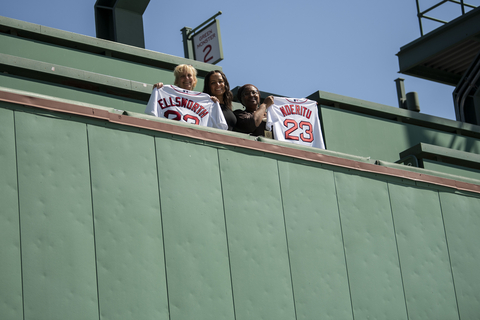 On Fenway Park's Green Monster, from left: Co-Chair of the Sports Working Group and the Eradicate Hate Global Summit Laura Ellsworth; Bekah Salwasser, Executive Vice President, Social Impact & Executive Director of the the Red Sox Foundation; Alice Wairimu Nderitu, Under-Secretary-General and United Nations Special Advisor on the Prevention of Genocide. (Photo: Business Wire)