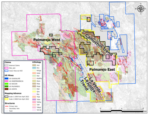 Figure 3: Mapping progress in East Palmarejo, yellow outline - 1:5,0000 scale, black outline - 1:1,000 scale (Photo: Business Wire)