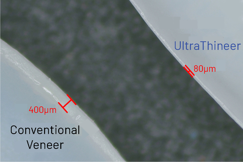 A thinness comparison between UltraThineer and a conventional veneer. (Photo: Business Wire)