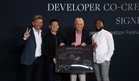 FF hosts Developer Co-Creation Night at Pebble Beach during Monterey Car Week where legendary racer Derek Bell, Dustin Bell, and a dynamic celebrity partner Kelvin Sherman join the second group of FF 91 spire users and becomes an FF Developer Co-Creator. (Photo: Business Wire)