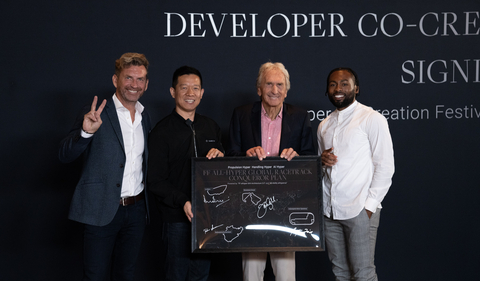 original FF hosts Developer Co-Creation Night at Pebble Beach during Monterey Car Week where legendary racer Derek Bell, Dustin Bell, and a dynamic celebrity partner Kelvin Sherman join the second group of FF 91 spire users and becomes an FF Developer Co-Creator. (Photo: Business Wire)