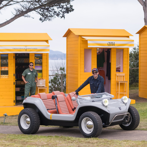 Phillip Sarofim, Chairman of Meyers Manx, standing alongside the new Resorter NEV at its private unveiling at Pebble Beach, CA (Photo: Business Wire)