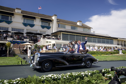 McPherson College driving across the ramp at the 2023 Pebble Beach Concours d'Elegance. The entirely student-restored 1953 Mercedes-Benz 300S Cabriolet ranked second in class of the Postwar Luxury category. (Credit: McPherson College)