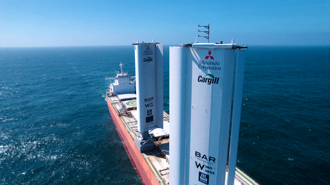 thumbnail Mitsubishi Corporation’s Pyxis Ocean, chartered by Cargill, is the first vessel to be retrofitted with two WindWings. These large wing sails measure 37,5 meters in height and can be fitted to the deck of cargo ships to help reduce CO2 emissions and energy use. (Photo: Business Wire)
