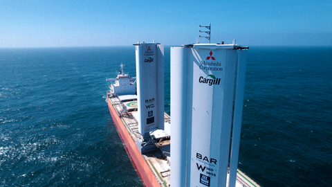 Mitsubishi Corporation’s Pyxis Ocean, chartered by Cargill, is the first vessel to be retrofitted with two WindWings. These large wing sails measure 37,5 meters in height and can be fitted to the deck of cargo ships to help reduce CO2 emissions and energy use. (Photo: Business Wire)