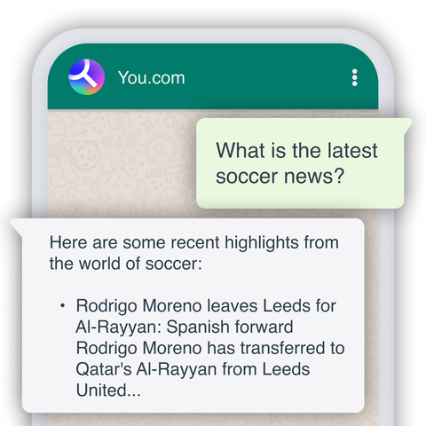 You.com introduces AI chat and search to WhatsApp to solve everyday needs on the go. Add +1 585-496-8266 to your WhatsApp contacts to get started. (Graphic: You.com)