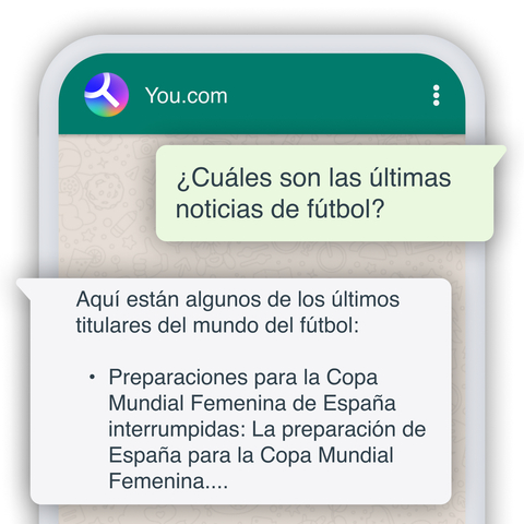 original You.com introduce una función de chat y búsqueda con IA en WhatsApp para resolver necesidades cotidianas en cualquier lugar. Añade +1 585-496-8266 a tus contactos de WhatsApp para empezar. (Graphic: You.com)
