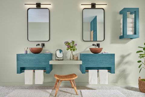 The color cascades. Form leads function. Nature is reflected. Minwax’s Bay Blue provides a bold statement in the bathroom. (Photo: Business Wire)