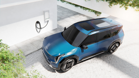 Wallbox's next generation DC bidirectional charger, Quasar 2, and Kia's EV9 electric SUV. (Photo: Business Wire)