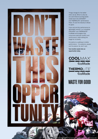 “Waste for Good” messaging promotes COOLMAX® EcoMade and THERMOLITE® EcoMade technologies and the advancement of circularity in the apparel and textile industry. (Photo: Business Wire)
