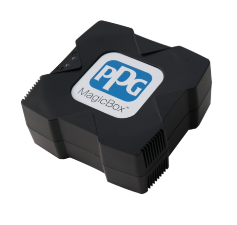 The PPG MAGICBOX™ smart device eliminates the need for specialized computers in the mixing room by delivering a PPG patented body shop assistant, connectable to new and existing USB scales in body shops. (Photo: Business Wire)